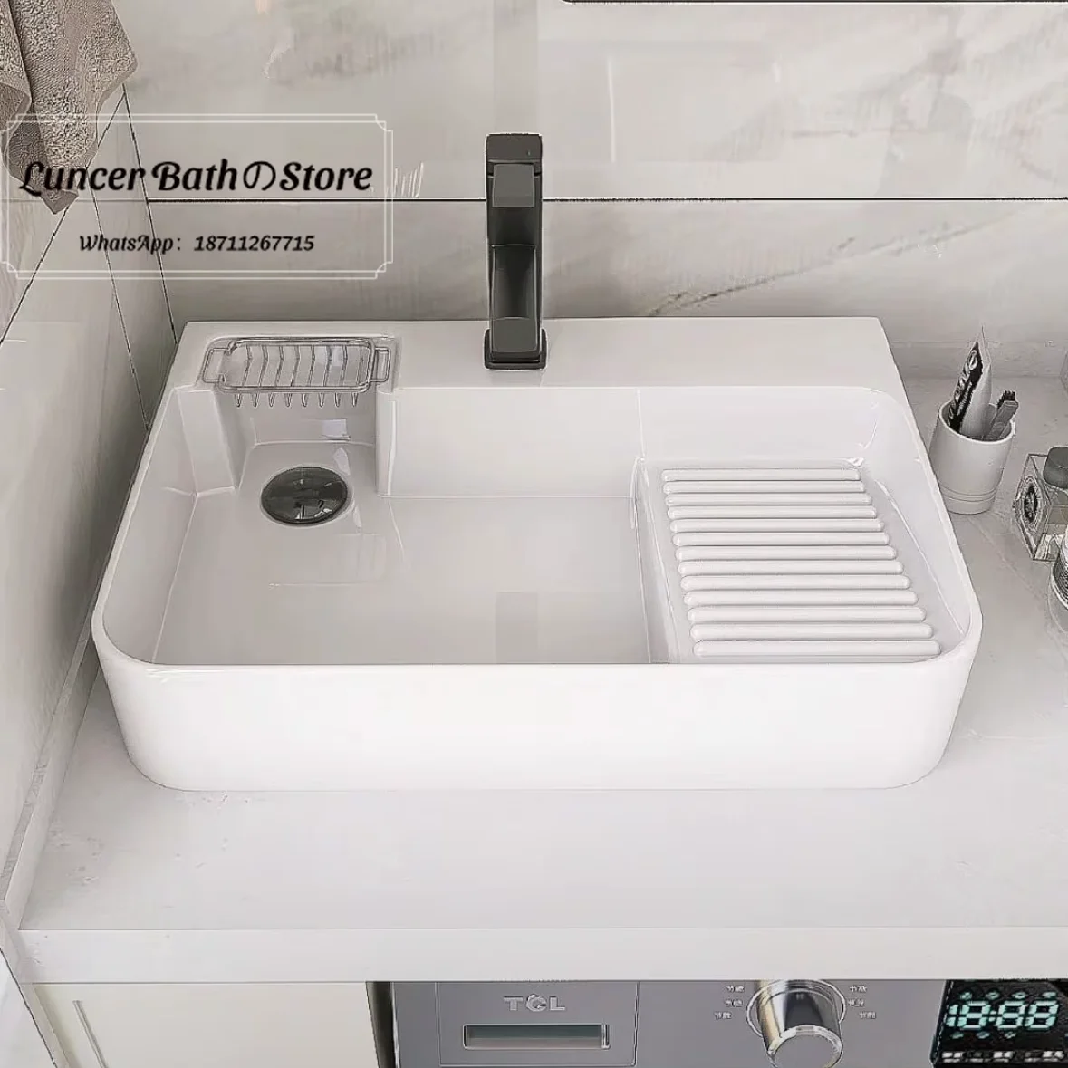 Ceramic Laundry Vessel Sink with Built-in Washboard, Side Drain Single Washing Basin for Balcony Use
