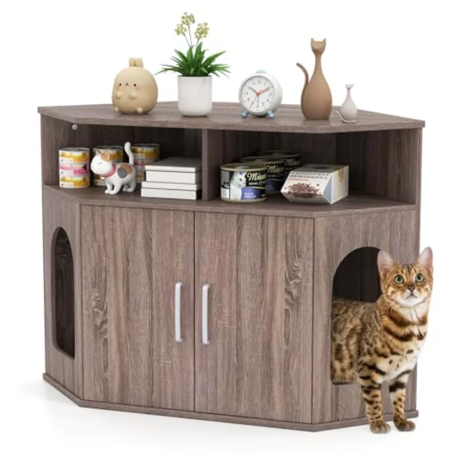 

Modern Hidden Litter Box Enclosure with Dual Entrances and Double Doors for Seamless Indoor Pet Care Open Compartments for Easy