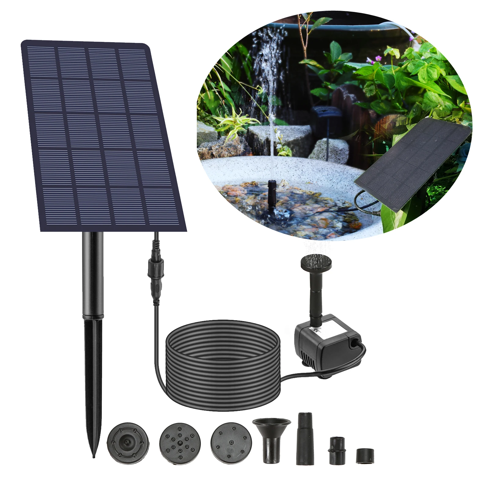 2.5W Solar Fountain Pump with with 4 Nozzles DIY Birdbath Submersible Water Pump Wall-mounted Plug-in Fountain Pump for Fish