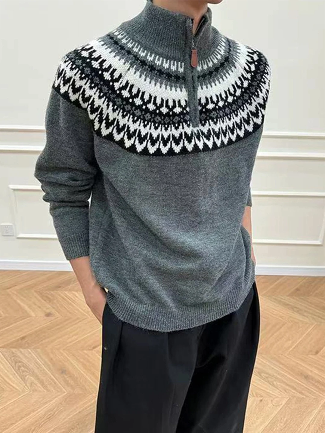 

Мужской вязаный свитер с узором Fair Isle на молнии, свободного кроя, осенне-зимний, винтажный, с рисунком, комфортный, средней плотности