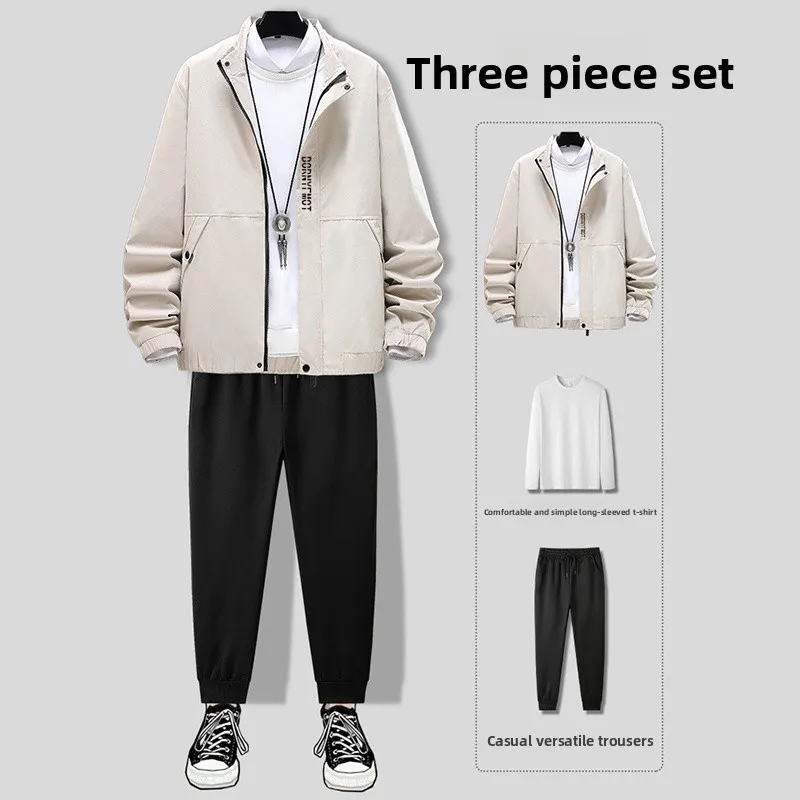 

Новый осенний мужской комплект из двух предметов: приталенная повседневная куртка и футболка в корейском стиле, модный, индивидуальный, универсальный, из полиэстера