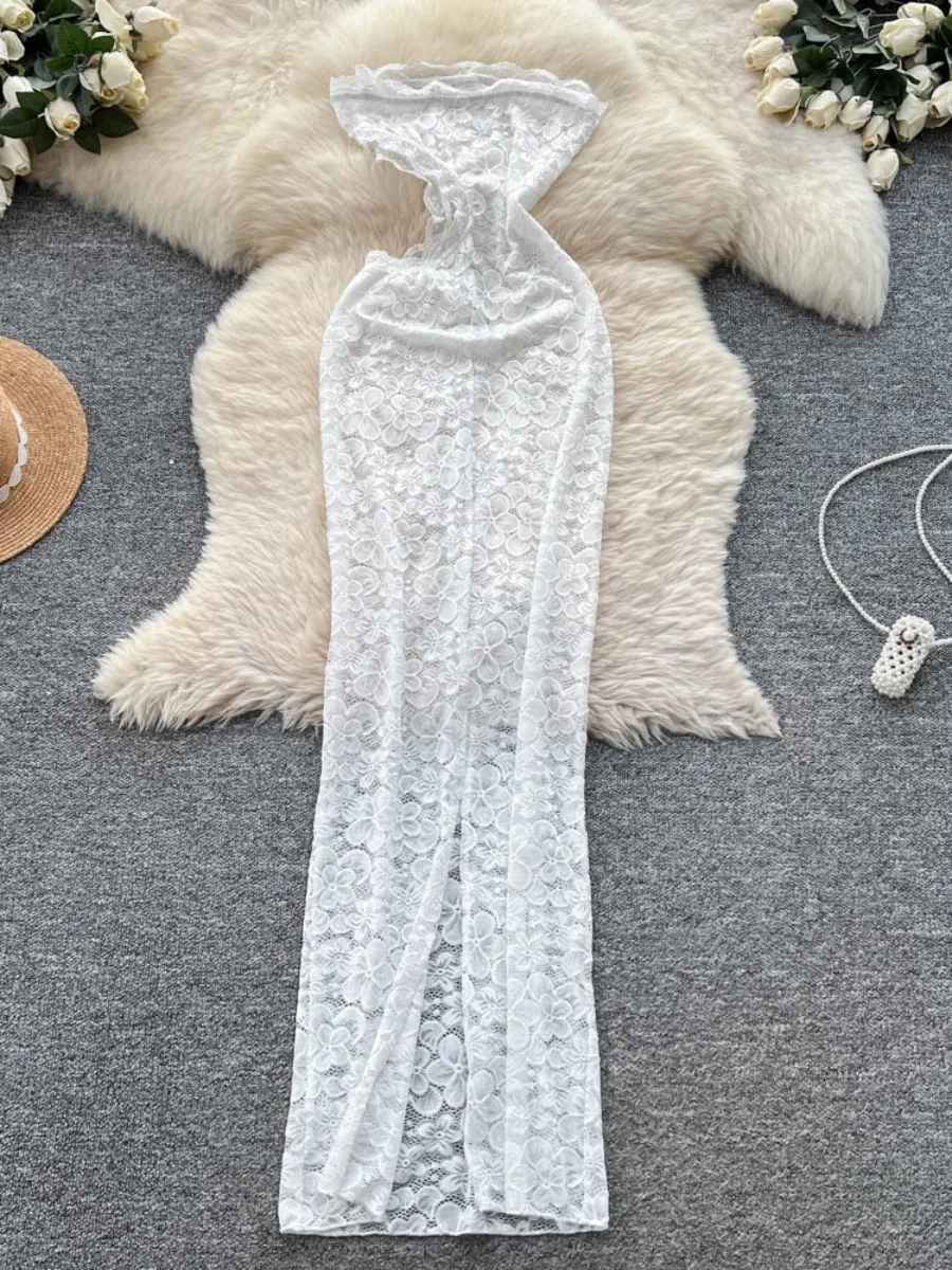 Foamlina Mujer Verano 2025 Vestido de encaje transparente sin mangas Vestido largo ajustado con recortes sexy Ropa de fiesta elegante