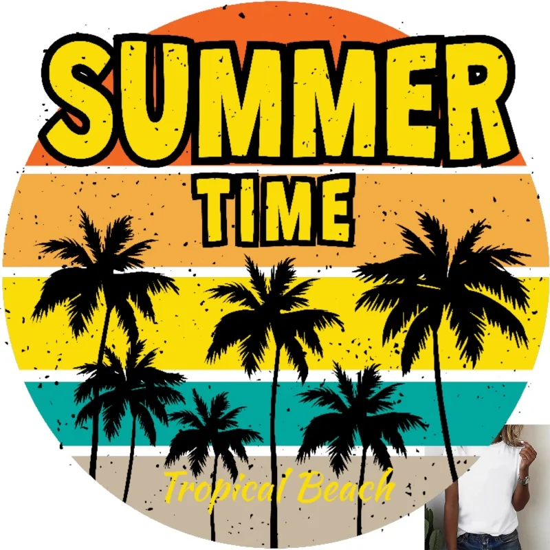 Vintage Style SUMMER TIME Tropical Beach Coconut Tree Heat Transfer White Ink Iron - on ，Suitable for T - shirts/Canvas Bags