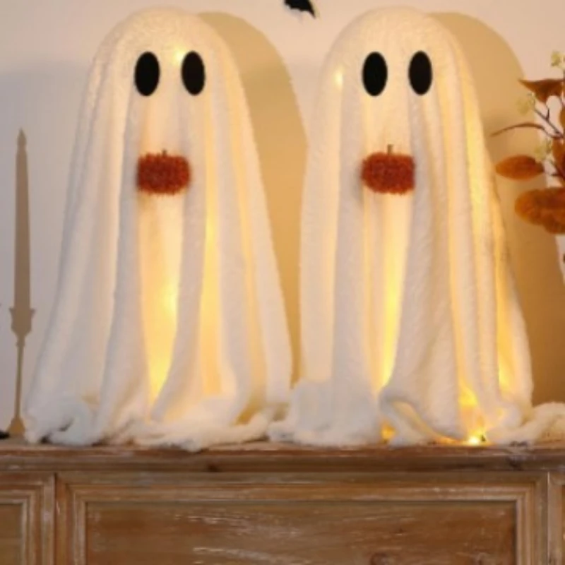 

2-piece set of glowing Sherpa ghosts with pumpkins for Halloween decoration indoors