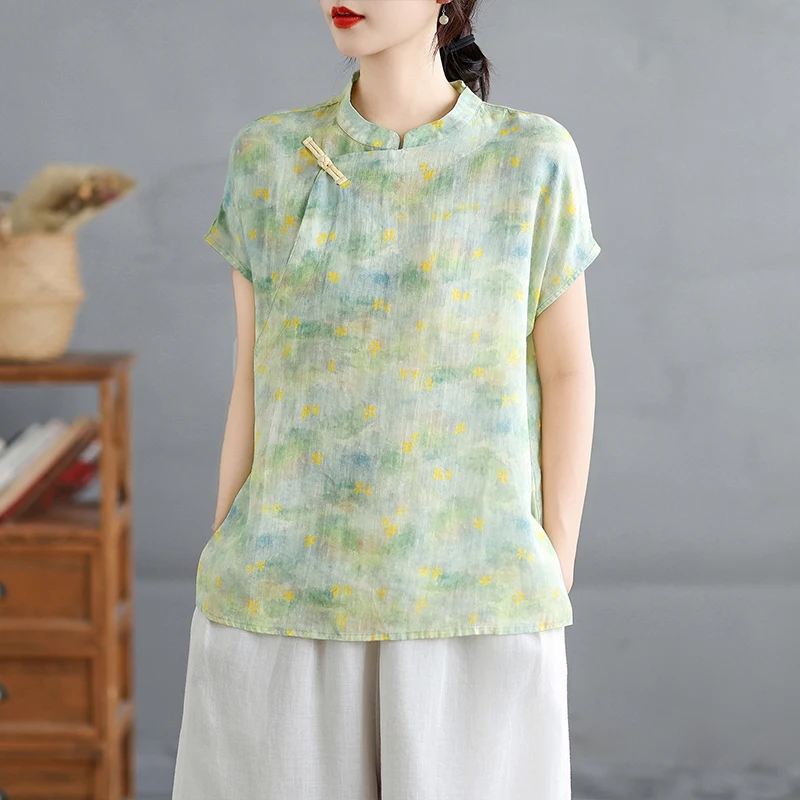 

High-End Anti-Aging Original Design New Chinese Style Summer Cotton Linen Zen Moon Sleeve Small Shirt Versatile Trendy Top