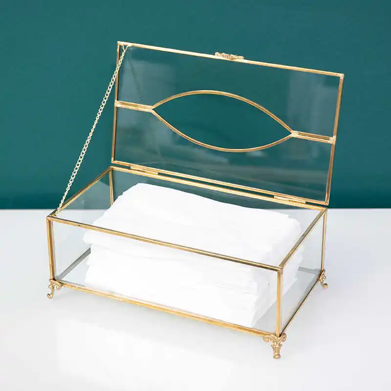 

Vintage Brass Glass Tissue Box Living Room paper Storage Holder Tea Table Desktop Paper Box Hotel Restaurant Tissue Organizer