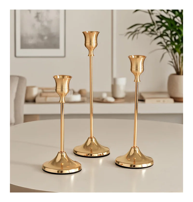 Conjunto de 3 castiçais de alumínio de metal vintage – decoração de mesa elegante para decoração de casa de casamento e hotel