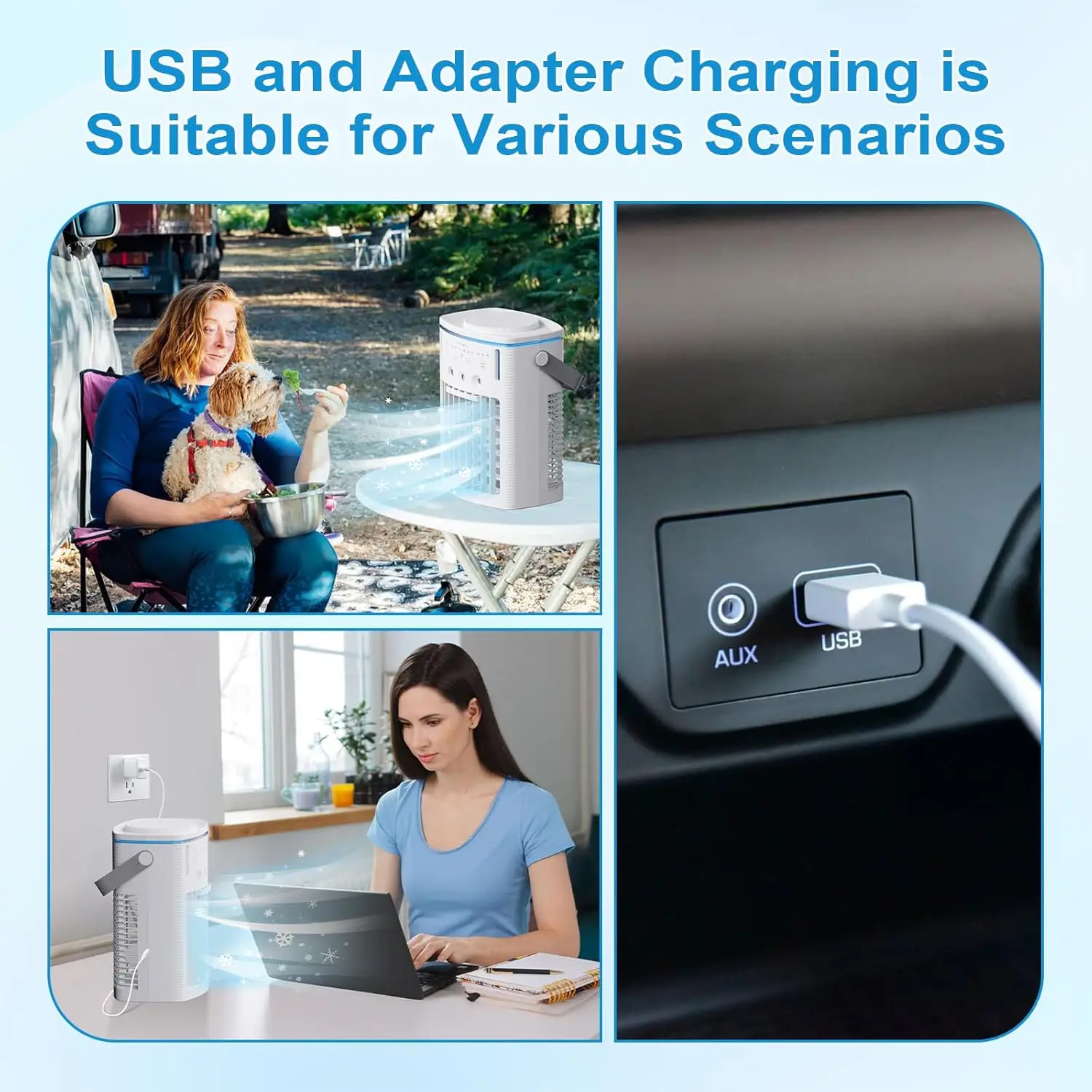 مروحة تيار متردد صغيرة محمولة 3 سرعات، مبرد هواء محمول مع وظيفة مؤقت عن بعد، ضوء ليلي 7 ألوان، أوضاع ضباب 3 مستويات