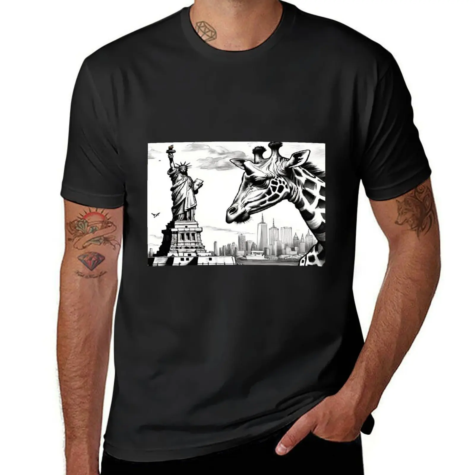 

Giraffe At The Statue of Liberty 002 T-Shirt boys whites summer top black t-shirts for men