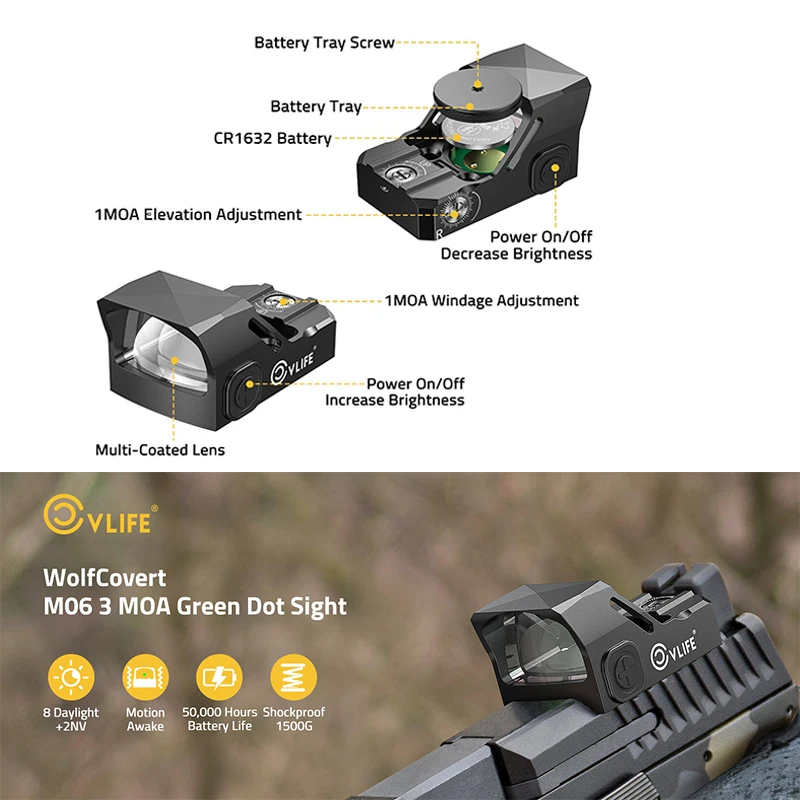 

CVLIFE Motion Awake Pistol Green Dot Sight 3 MOA Red Dot Full Size Reflex Optics Scope with Adapter Plate for MOS & Picatinny