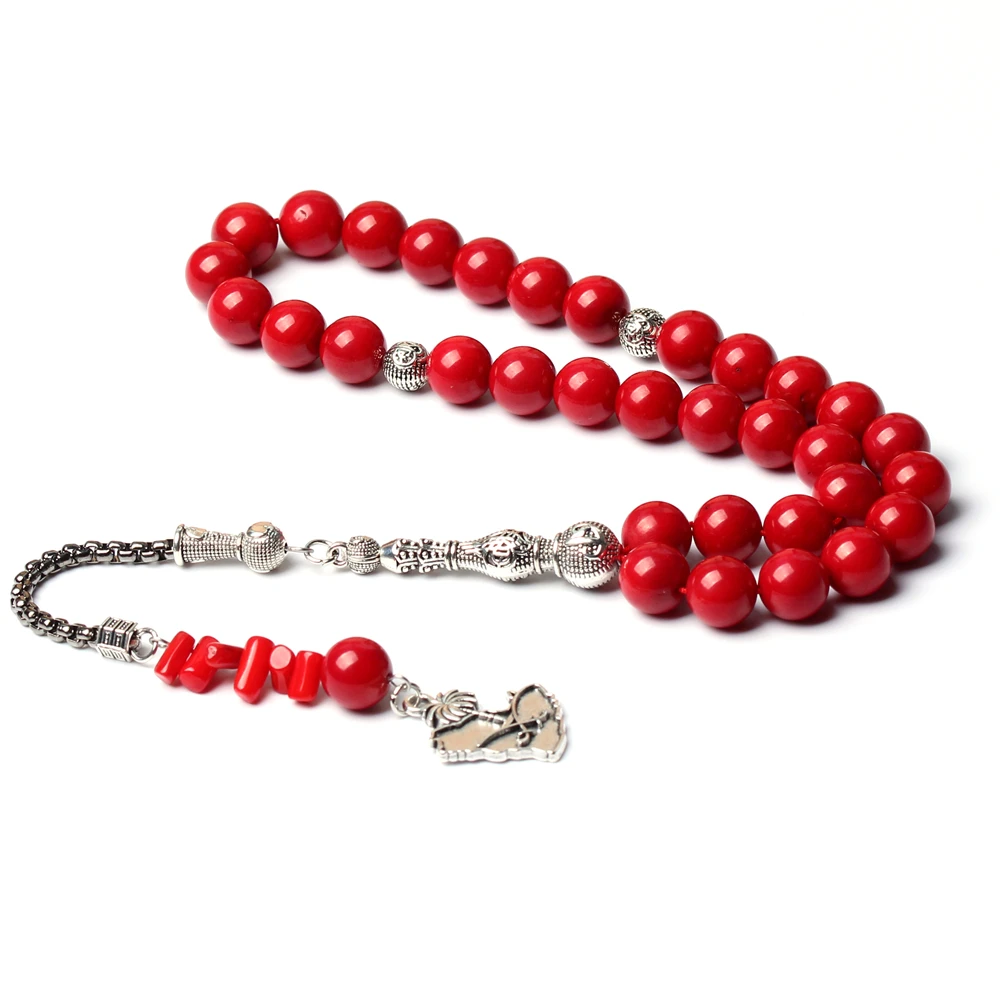 Islamic Misbaha Subah Silver Color Tassel Natural Red Coral Stone 8mm 10mm 33 Beads Muslim Rosary Tespih Prayer Beads Tasbih