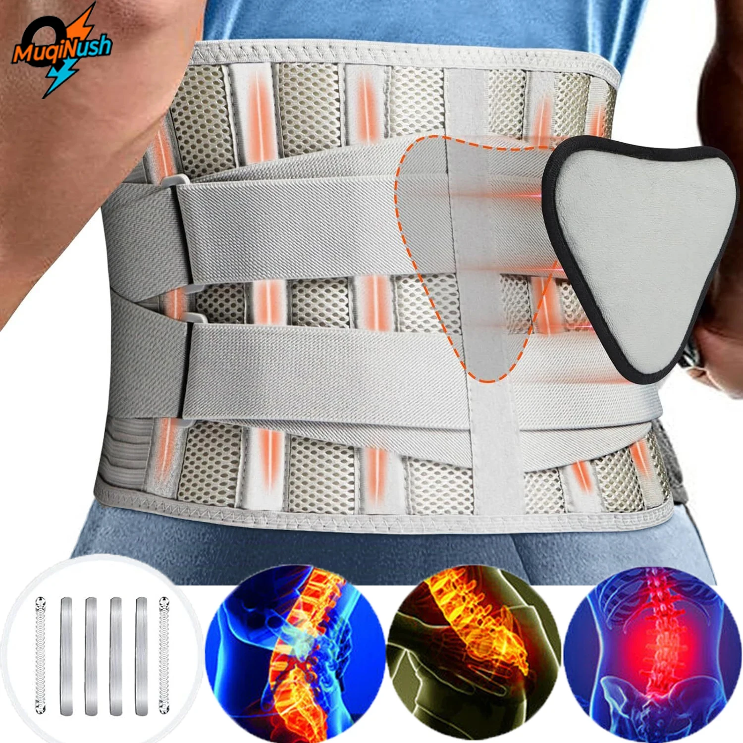 

MuqiNush Grey Adjustable Lumbar Support Belt Double Pull Back Waist Orthopedic Corset Decompression Pain Relief Tighten Abdomen