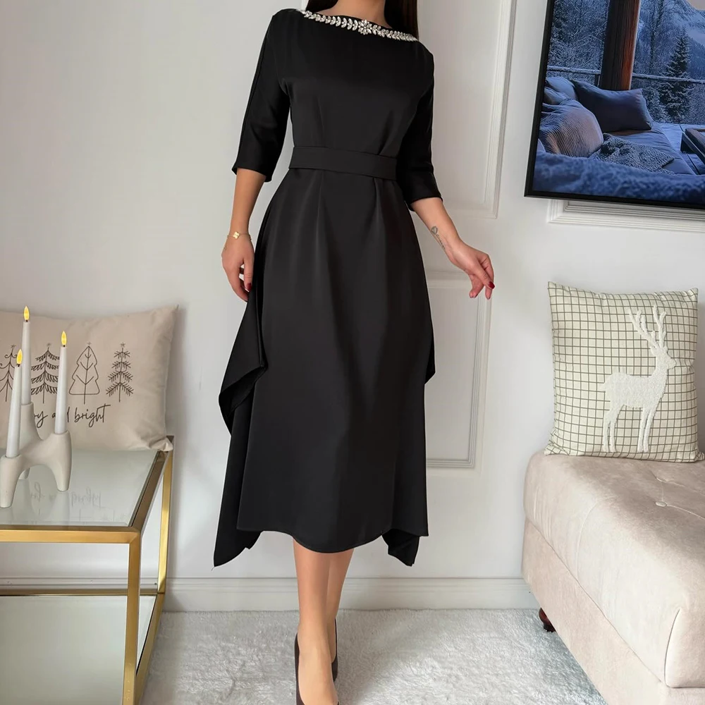 Personalizado a linha vestidos de noite chá-comprimento colher pescoço três quartos manga vestido de baile moda cristal simples drapeado vestido de festa