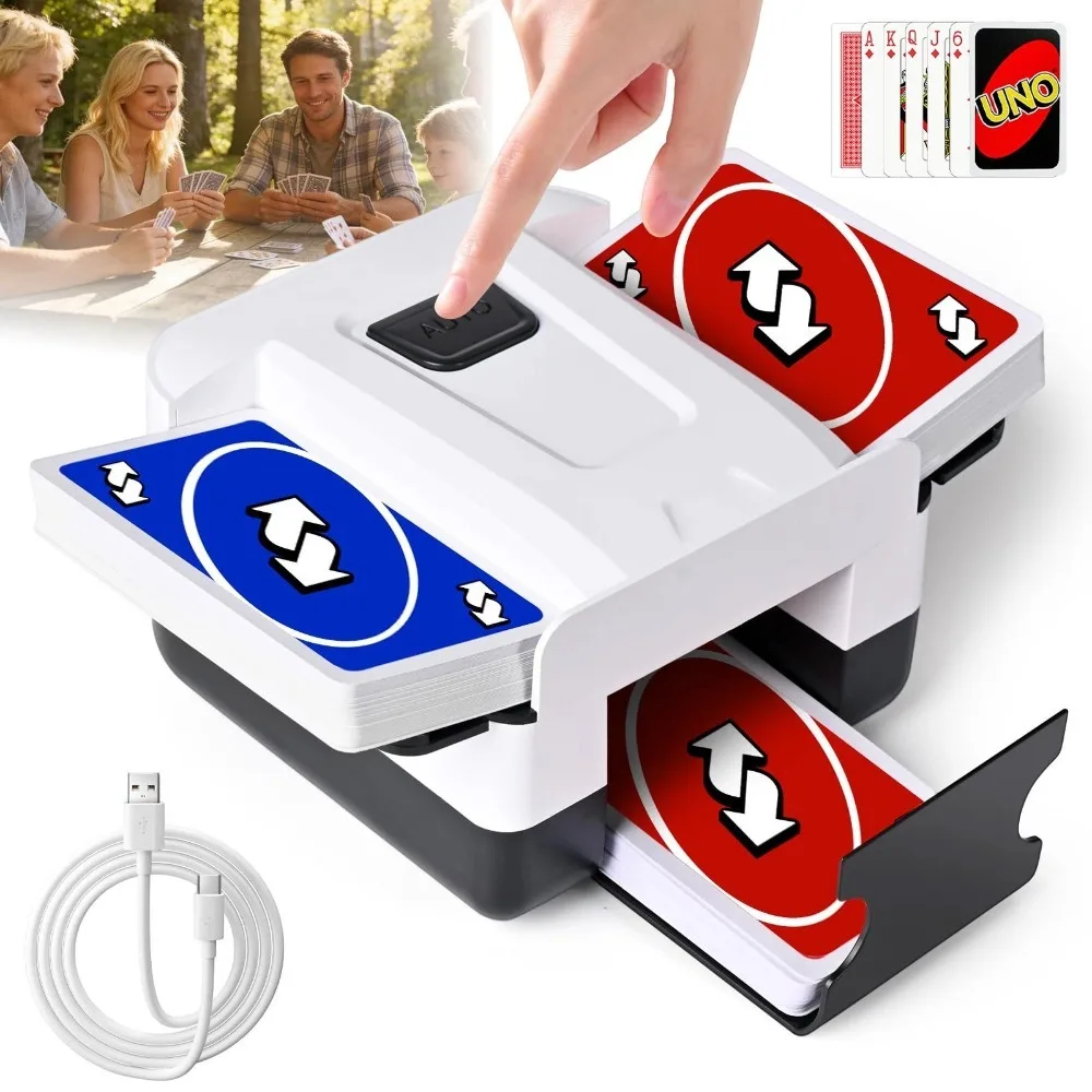 Mélangeur de cartes électrique avec batterie 2000 mAh, machine à mélanger automatiquement 2 jeux de cartes à faible bruit pour le poker, le Texas Hold'em et le Blackjack – Idéal pour les soirées de jeux familiales paisibles, les soirées de cartes et les amateurs de mélange fluide de jeux de cartes.