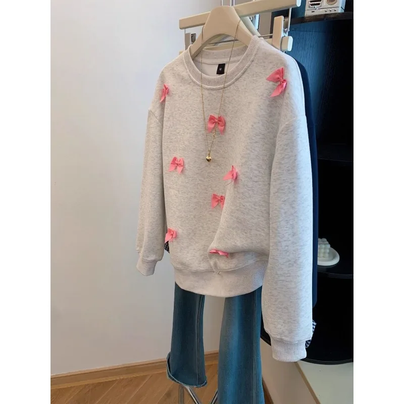 Korean Sweet Women Bow Decor Crew Neck Sweatshirt Loose Long Sleeve Pullover Spring Autumn Casual Top