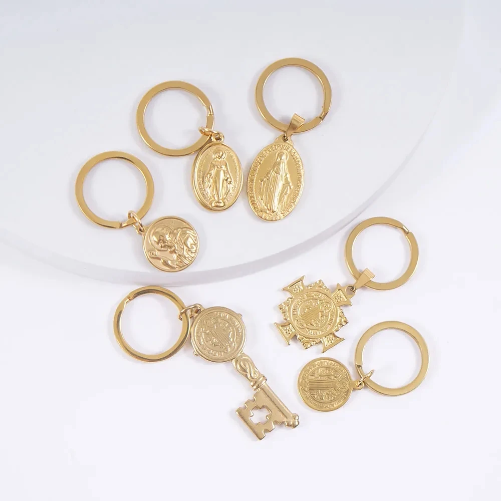 Llavero con cruz de San Benito de la Virgen María de acero inoxidable, llavero de Metal de Color dorado/plateado de San Benito Virgen María, acero inoxidable