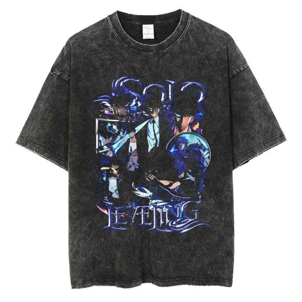 

Anime Style Tee 2025 Black Cotton T-shirt Shadow Monarch Text Purple Glow Effect Skull Design Vintage Wash Oversized Streetwear