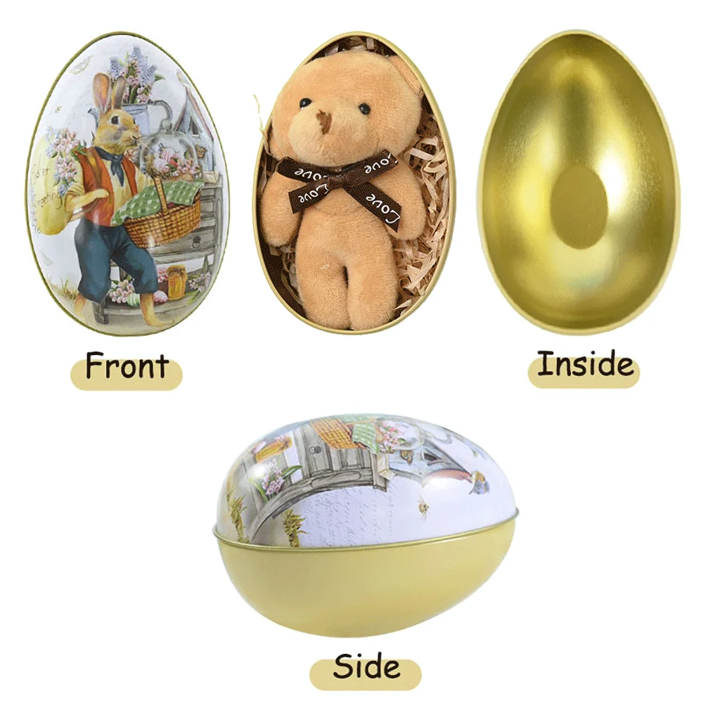 3/6pcs Easter Egg Shaped Tin Candy Box Vintage Rabbit Bunny Printed Metal Eggshell Cookies Container Easter Party Gift Favor Toy