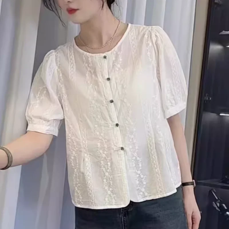 Women Summer Fashion Slim Trend Hollow Out Solid Color O-neck Short Sleeve Shirts Ladies Simplicity Embroidered All-match Tops