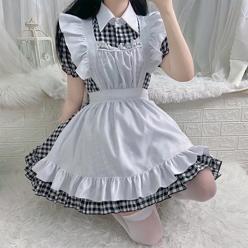 

2023 New One-Piece Maid Costume Cosplay Restaurant Cafe Overalls Short Skirt Black And White Plaid Dress Suit