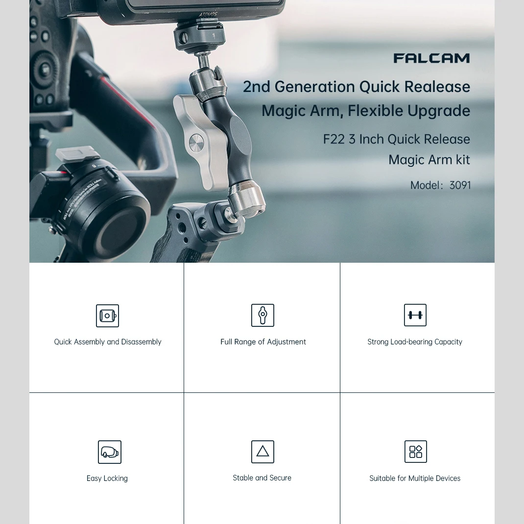 Falcam F22 Kit de braço mágico de extensão de liberação rápida de 3 polegadas com cabeças esféricas duplas para vários dispositivos Monitor de tripé estabilizador