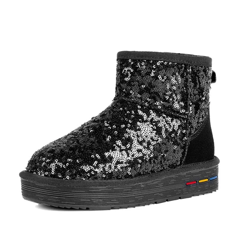 Winter New Women\'s Short Barrel Sequins Casual Anti slip Snow Boots with Plush and Thickened Warm Cotton Shoes