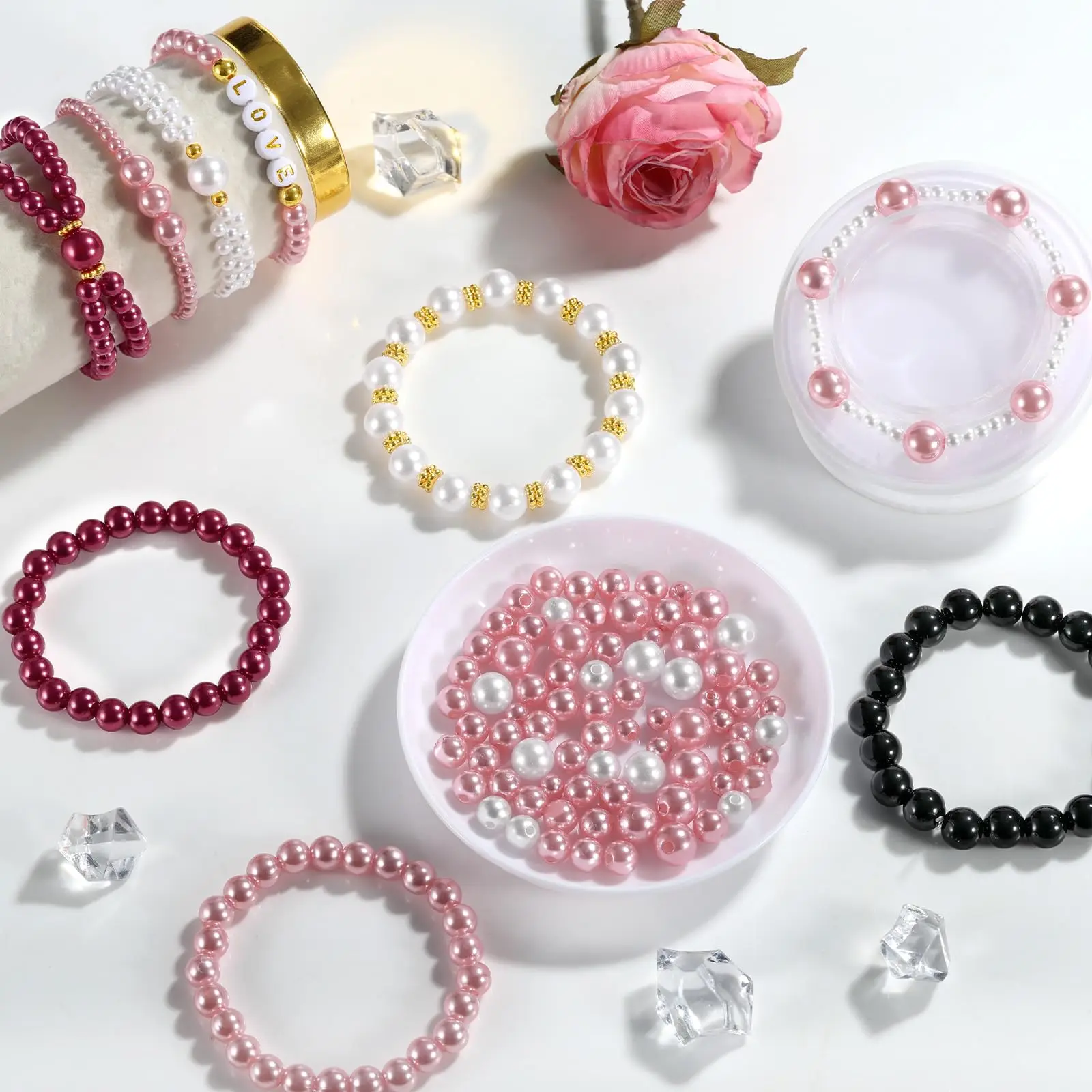 1 Set of Pearl Beads for Jewelry Making, Including 4 Different Sizes of Pink, Black, and White Round Beads, Suitable for Making Bracelets. This Kit Also Includes Gold Spacer Beads and Letter-Shaped Beads for Making Han