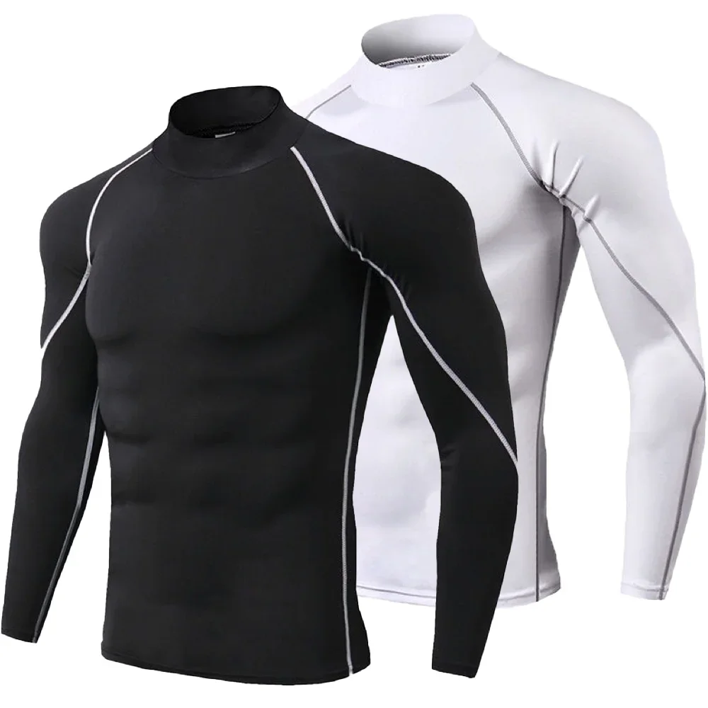 Camiseta para correr de secado rápido para hombre, camisa de compresión para entrenamiento, cuello alto, manga larga, protector contra sarpullidos, capa Base para gimnasio, camiseta interior atlética