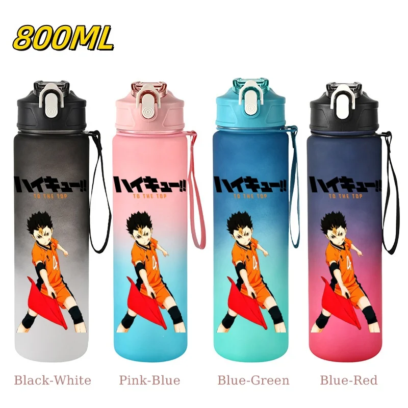 Botella de agua deportiva de gran capacidad Haikyuu de 800ML con pajita, vaso de plástico colorido a prueba de fugas para gimnasio, deportes al aire libre, Camping