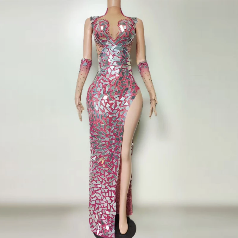 

Женский праздничный наряд с розовыми зеркалами, вечернее платье, вечерние платья для бара, ночного клуба, сценический костюм для джазового танца, XS10520