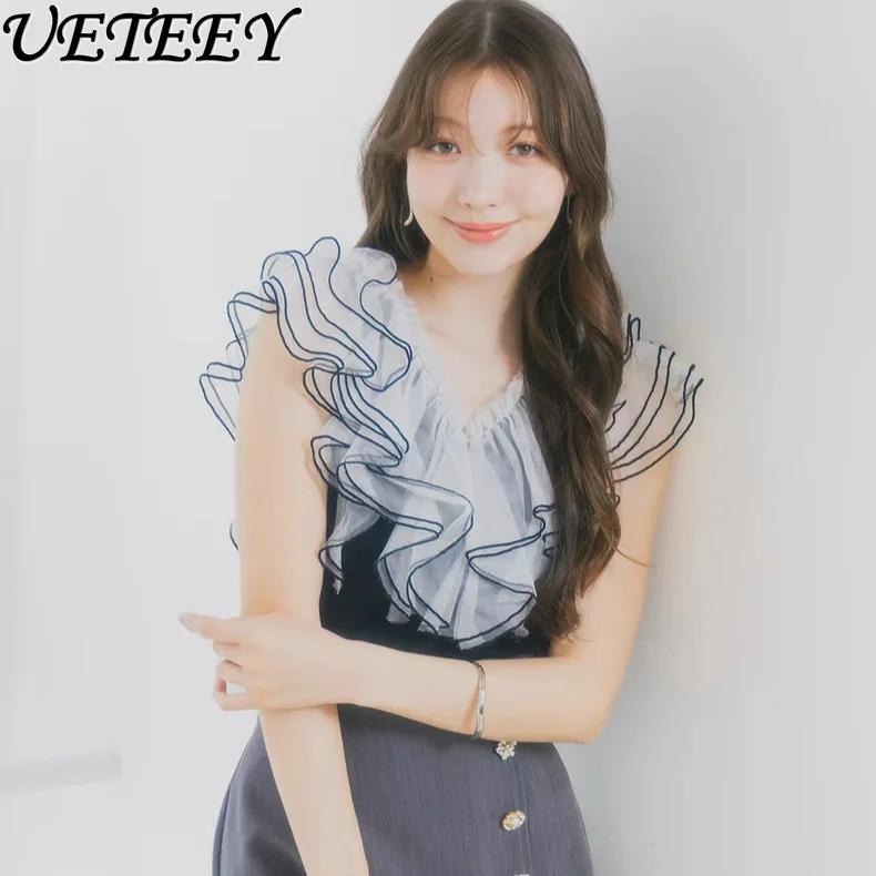 

Japanese Sweet Multi-layer Mesh Ruffle Top Chiffon Shirt Blouse Ladies Summer New V-neck Short-sleeved Shirts Office Lady Woman