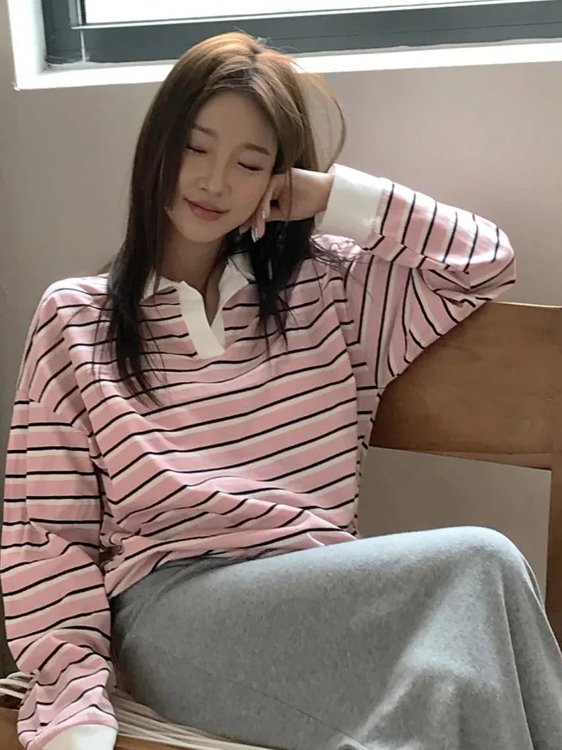 Loose Long Sve T-irt Women's Korean Sle Faionable Collared Overhead Base Layer Top Stripe Pattern Anti-Aging Versatile
