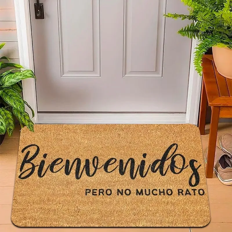 Capacho de Entrada com Citação Engraçada em Espanhol: 'Bem-vindos, mas Não Demitemos Muito Tempo' - Tapete de Chão Sarcástico e Humorístico para Porta da Frente