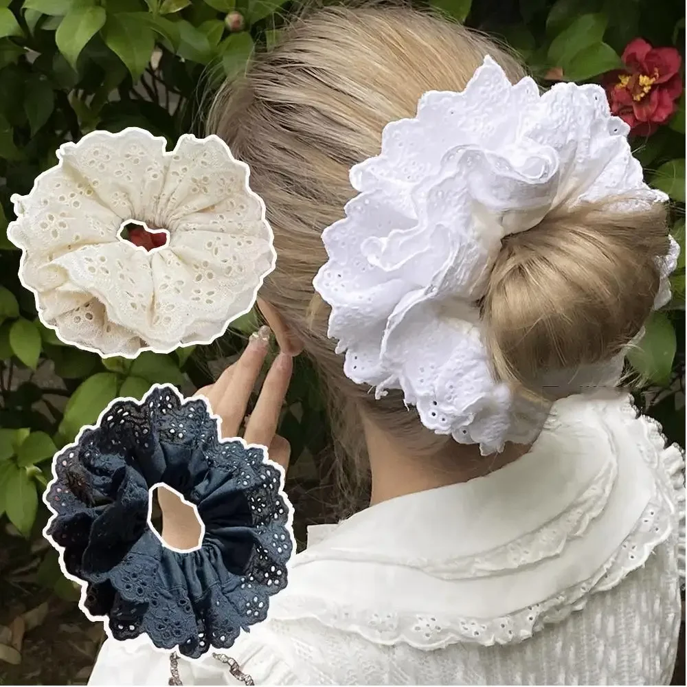 

Vintage Lolita Lace Scrunchies - Oversized 3-Layer Ruffled Hair Ties French Retro Bow Hair Accessories Sweet Victorian Ponytail