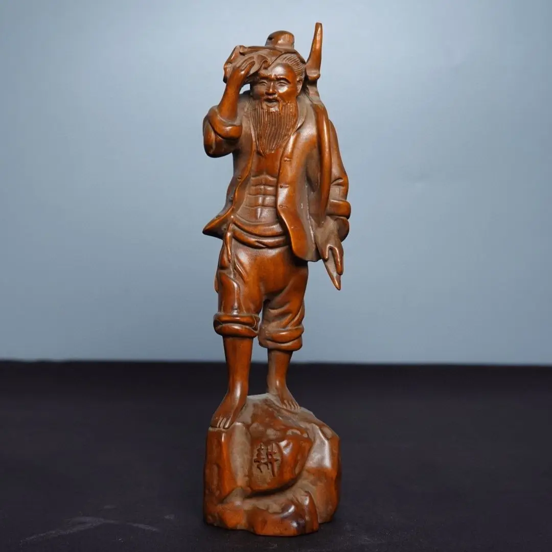 Hand Carved Wood Farmer Statue Figurine Desktop Ornaments Home Decoration