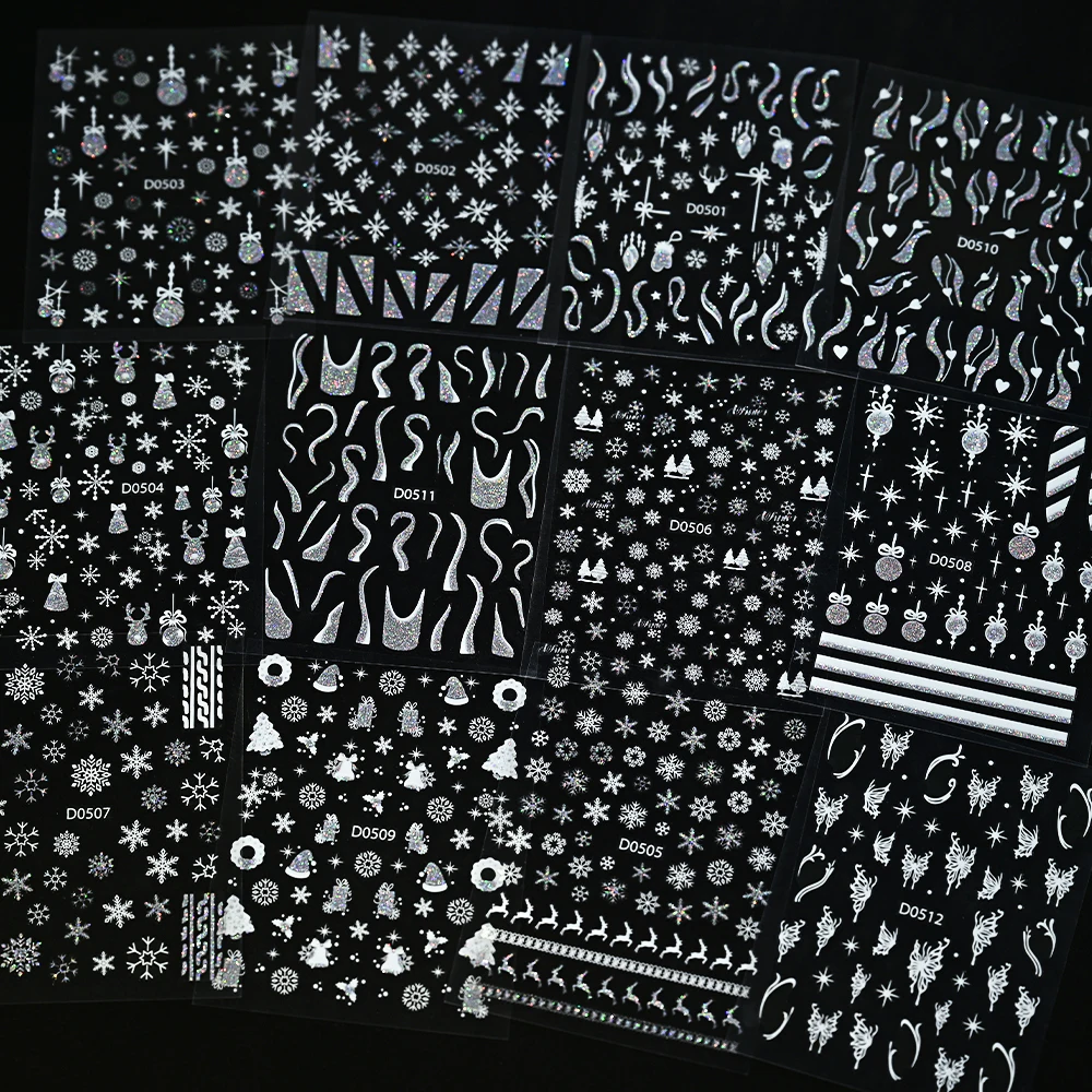 1pc Sparkling Christmas Nail Art Stickers Silver Foil Embossed Self-Adhesive Nail Decal with Snowflakes Crystal Ball for Festive