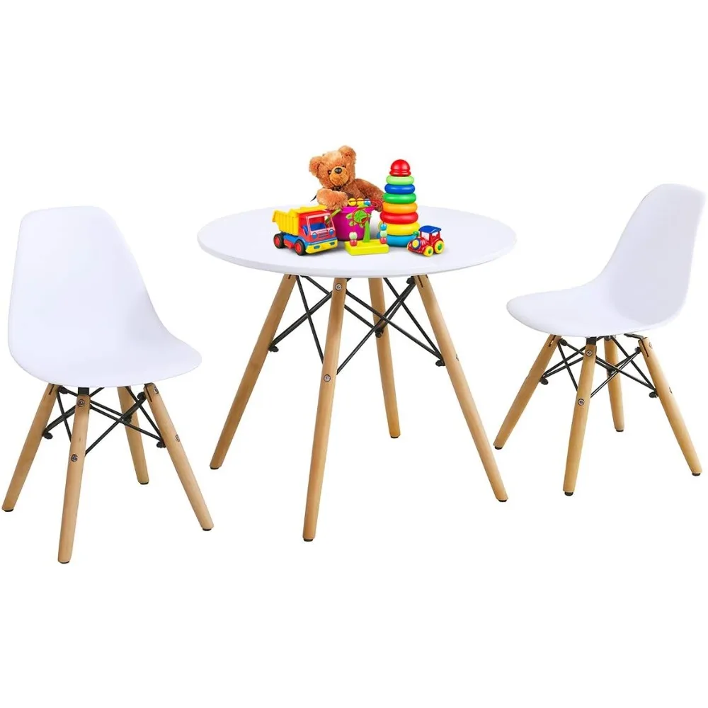 Kids Table and Chair Set, Mid-Century Modern Style, White, Table & 2 Chairs