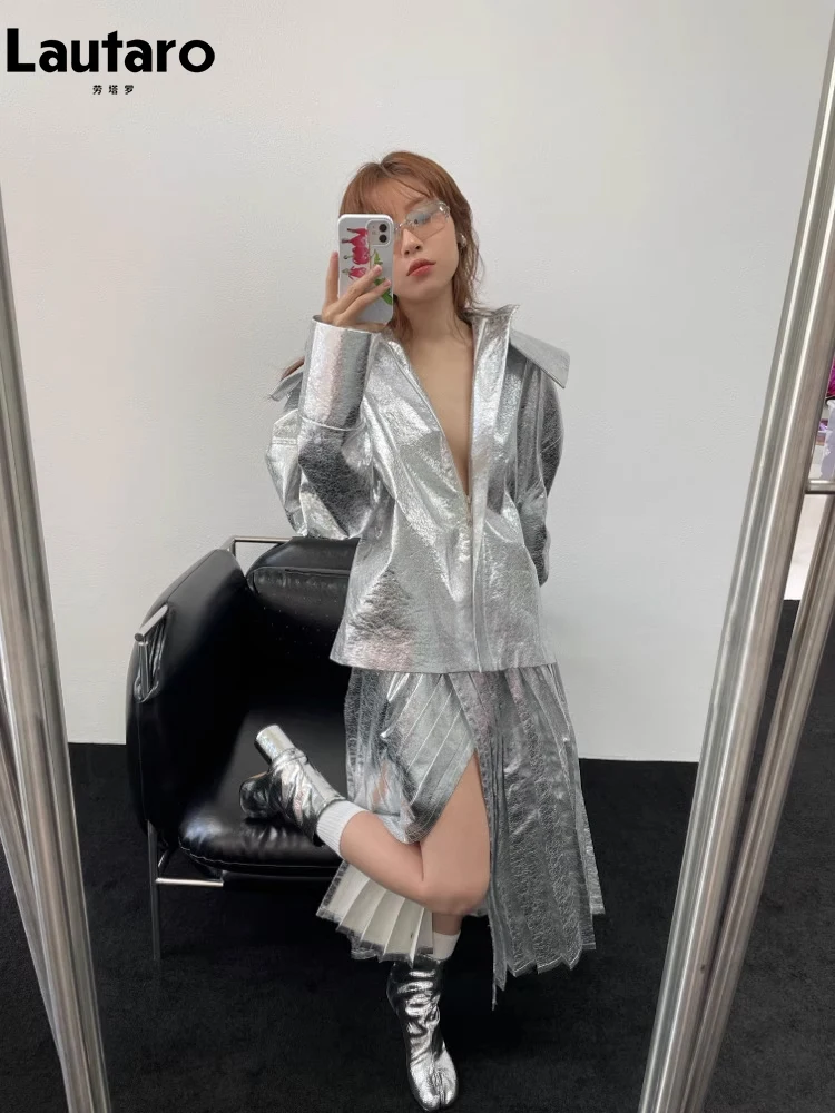 Lautaro Spring Autumn Cool Silver Shiny Patent Pu Leather Jacket Women Long Sleeve Navy Collar Luxury Designer Y2K Clothing 2023