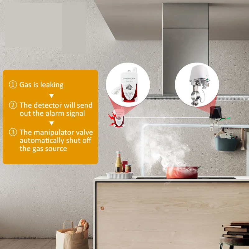 Detector de fugas de Gas LPG, Sensor de fugas de metano Natural para el hogar, sistema de alarma de cocina con válvula manipuladora DN15