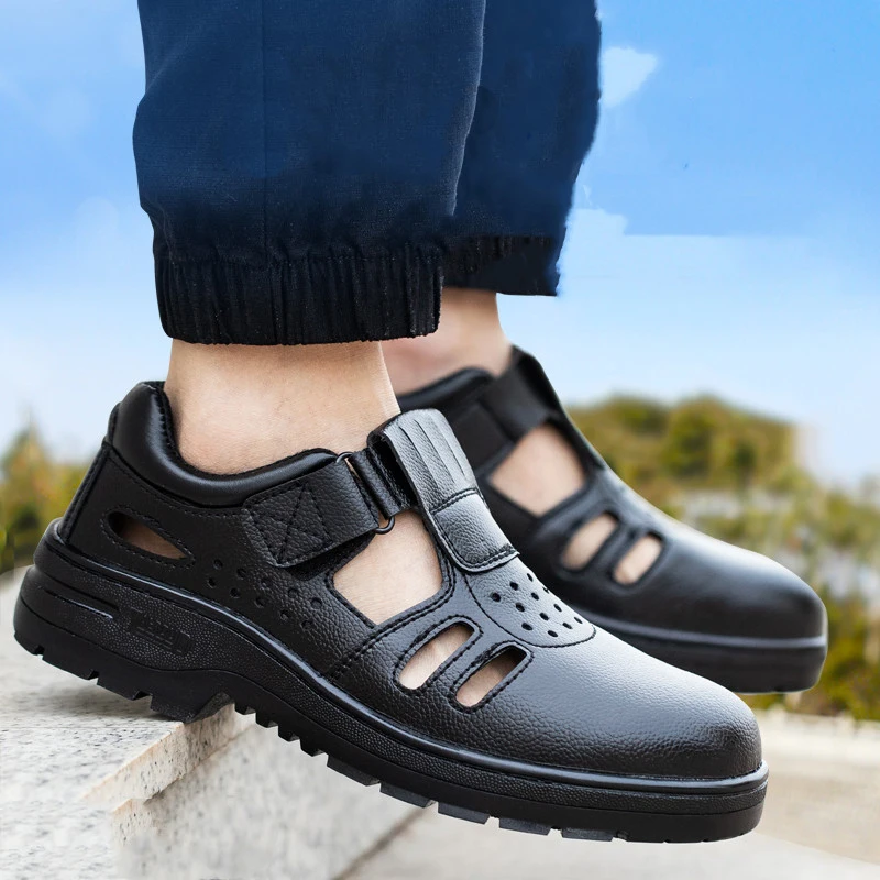 big size men casual steel toe cap work safety shoes soft leather worker sneakers summer breathable safe sandals protect footwear