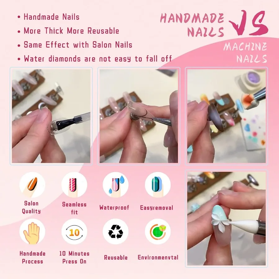 Handmade Square Coffin Press on Nails Ocean Ombre Blue Bronze Nails with 3D Carved Flower Gold Foil Reusable Glossy Stick on Fa