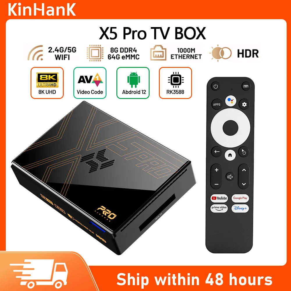 

Kinhank X5 Pro Android TV Box for 8K@60FPS 4K@120FPS with Android 12 8G+64G 2.4G&5G Dual Wifi HD Gigabit interface Movie Player