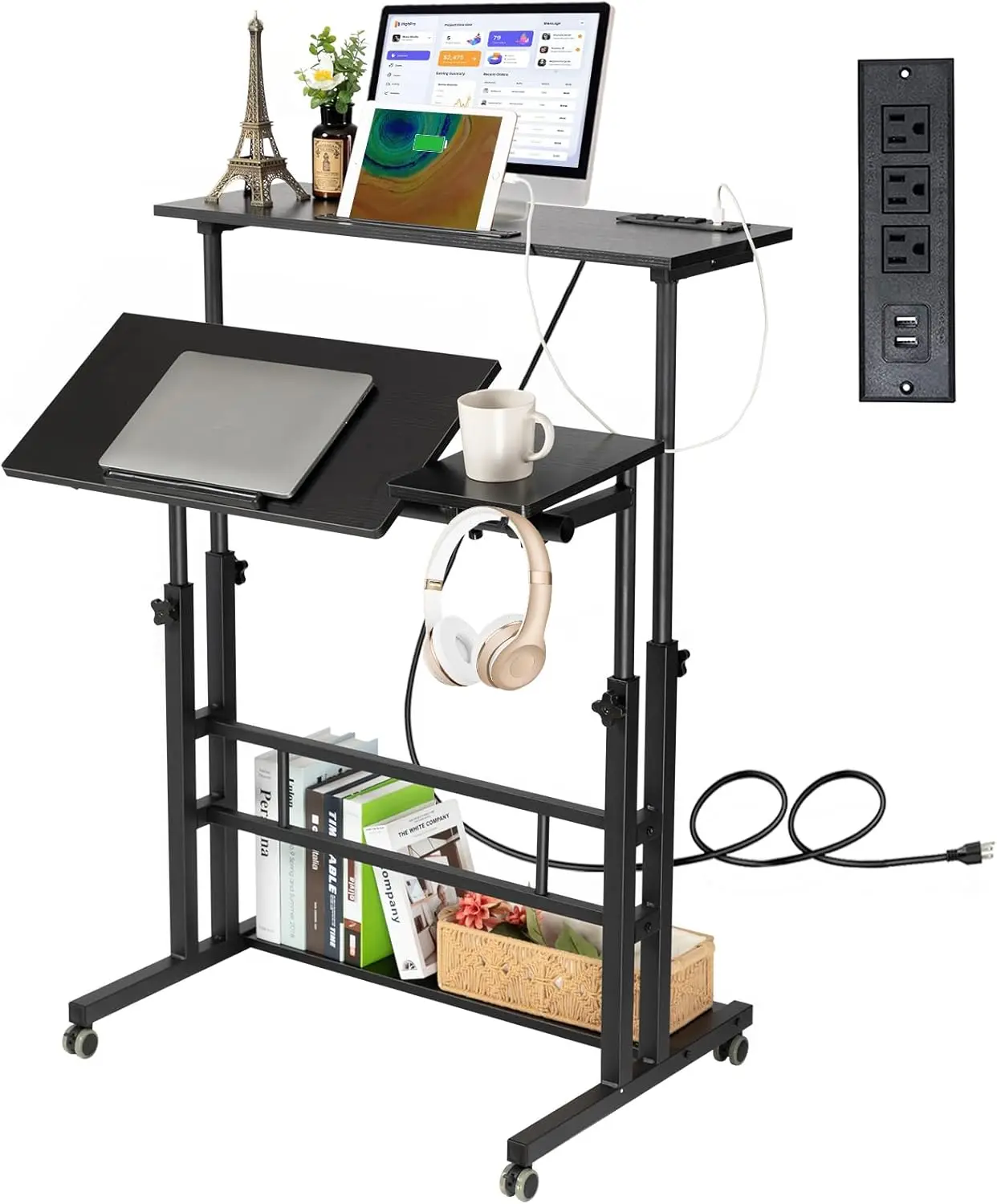 

Stand Up Desk, Rolling Desk Adjustable Height, Mobile Standing Desk with Wheels & Charging Station