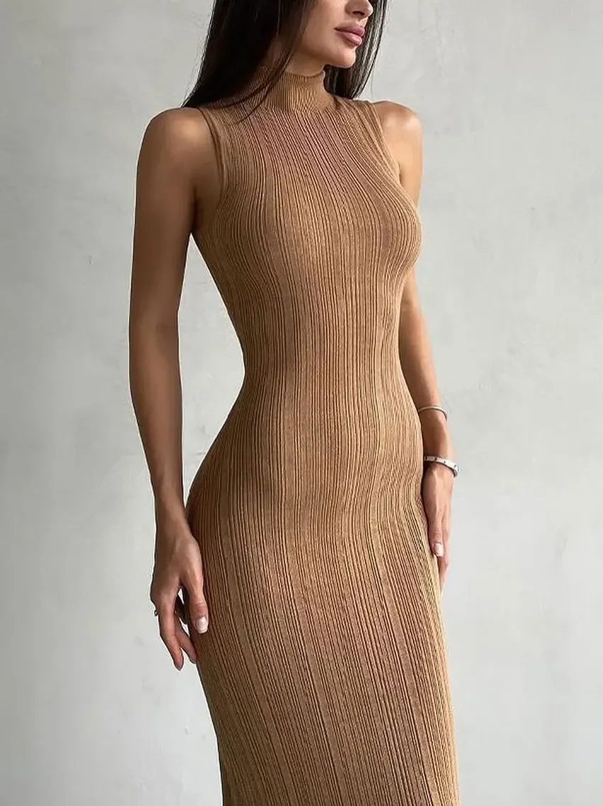 Robe tricotée à col haut pour femmes, sans manches, débardeur, jupe élégante à col roulé, soirée, Club, vente en gros, 2025