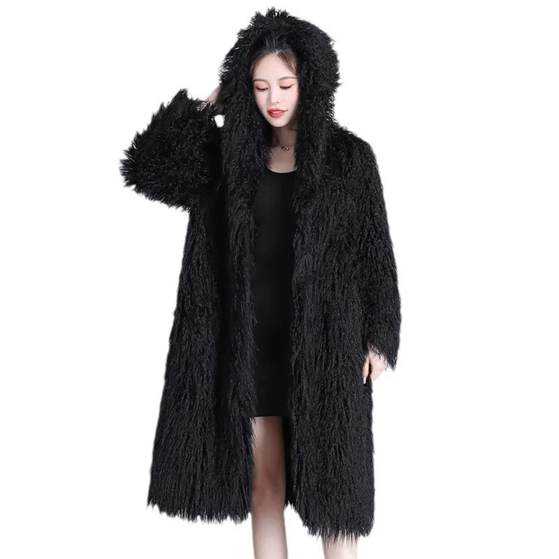 Female Autumn Spring Tops Coat Shawl Faux Fur Hooded Long Sleeves Warm Large Simple Comfort Loose Comfortable Leisure Fashion