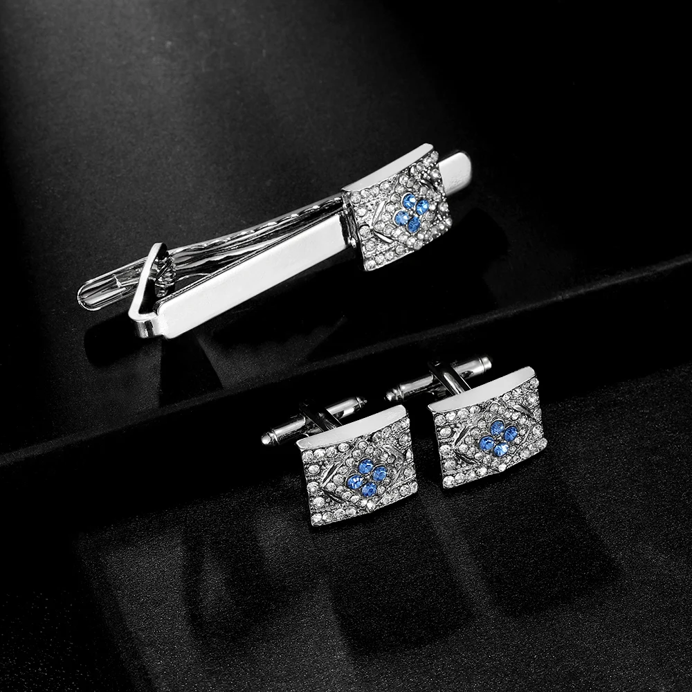 Novelty Luxury Rectangle Rhombus Full Crystal Cufflinks&Tie Clip Set Blue And Clear Rhinestone Paved Jewelry For Men