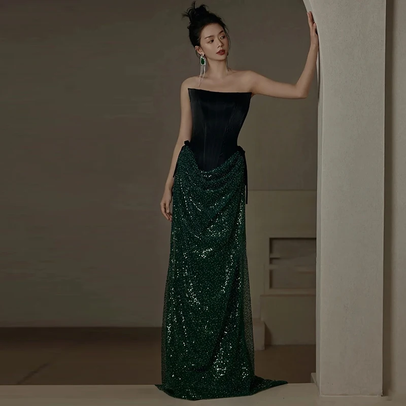 ชุดราตรีงานแต่งงานหรูหราสไตล์เกาหลี Ele Fi Tail พร้อมกระโปรงยาวประดับลูกปัดสำหรับงานเลี้ยงและงานแสดง