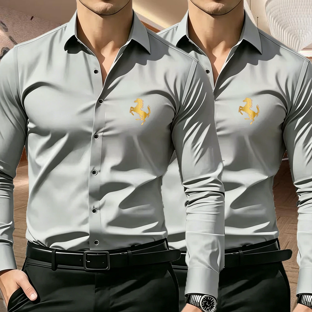 2pcs Men's Business Casual Long Sleeve Shirts with Gold Horse Print Premium Business Casual Shirt Slim Fit Long Sleeve 5 Colors