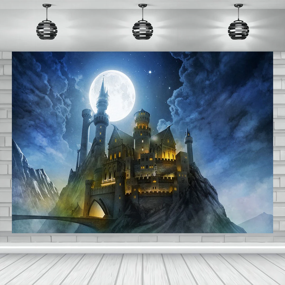 HKFZ Polyester Castle Moon Night Backdrop Medieval Room Style Photography Banner Night Bar Magic Witch Decoration Background