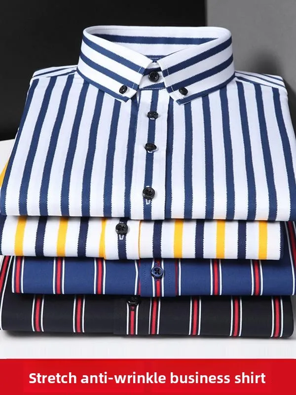 

Мужская повседневная рубашка в полоску с длинным рукавом, эластичная, немнущаяся, приталенная, в корейском стиле, для весны и осени, деловая одежда